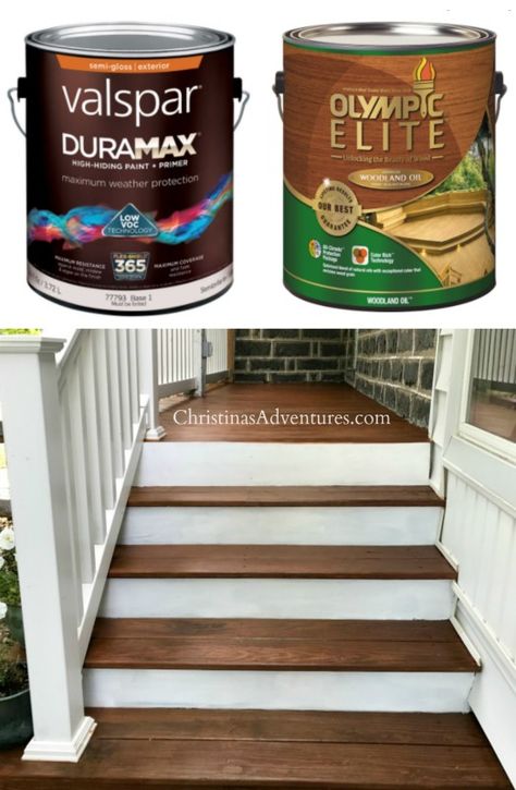 Valspar Duramax exterior paint and Olympic Elite Mountain Cedar Porch Floor Stain Colors, Porch Stain, Valspar Deck Stain, Valspar Deck Stain Colors, Olympic Stain Colors, Refinish Deck Wood, Valspar Stain Colors Deck, How To Stain Pressure Treated Wood, Olympic Deck Stain Colors