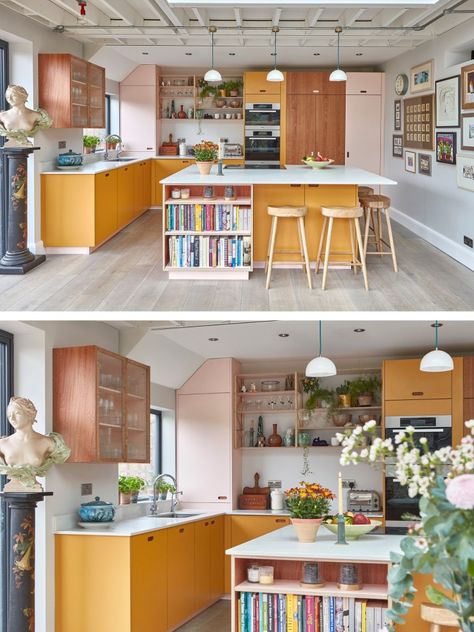 The Family Kitchen in Birmingham - Pluck Boho Inspired Kitchen, Hallway Into Kitchen, Pop Of Color Kitchen, Colorful Boho Kitchen, Campfire Ideas, British Kitchen, Vibrant Kitchen, Extension Plans, Uk House