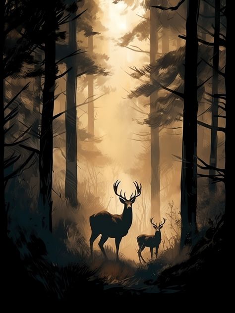 Forest And Animals Drawing, Nature And Wildlife Drawings, Stag In Forest, Animals Preschool Crafts, Stag Painting, Wallpaper Woodland, Deer In Forest, Animals Preschool, Deer Artwork