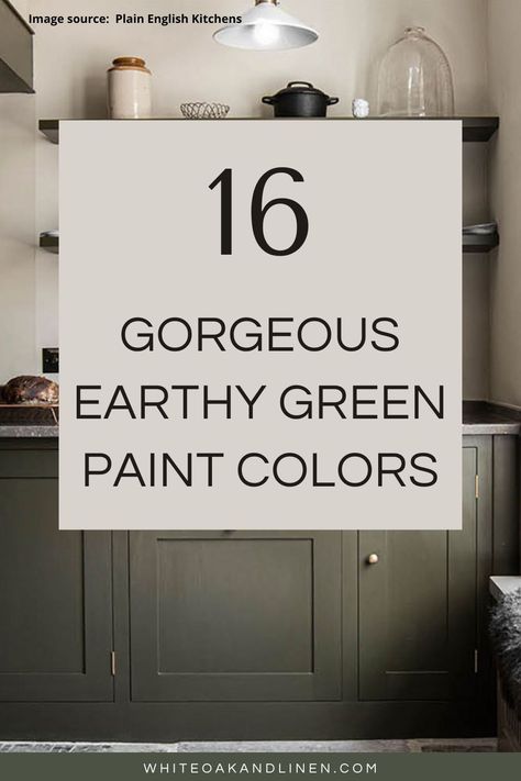 Are you looking to refresh your living room, bathroom, or kitchen cabinets but want something a bit different than the typical white rooms you see all over Instagram? White Oak & Linen selected 16 gorgeous dark and earthy green paint colors that are oozing with character and warmth and are sure to give you the modern and unique design inspiration you’ve been searching for! Image source: Plain English Kitchens Timeless Green Kitchen Cabinets, Best Green Paint For Cabinets, Best Green Paint Color For Kitchen Cabinets, Best Green Paint For Kitchen Cabinets, Green Paint For Kitchen, Behr Green Cabinets Kitchen, Earthy Green Paint Colors, English Cottage Style Kitchen, Olive Green Bedrooms