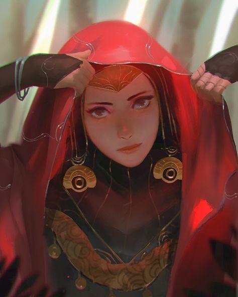 ArtStation - Salam, Fahmi Fauzi Cloaked Female Character, Red Priestess Art, Red Cloak Fantasy Art, Head Wrap Drawing, Red Haired Princess, Tae Fanart, Red Cloak, Lost Princess, Heroic Fantasy