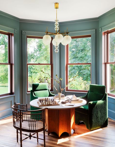 Discover This Transformed Hudson Valley Victorian | Architectural Digest Blue Painted Walls, Kitchen Suite, Historic Mansion, Style Deco, Game Table, Oak Floors, Residential Interior, Formal Dining Room, Table Games