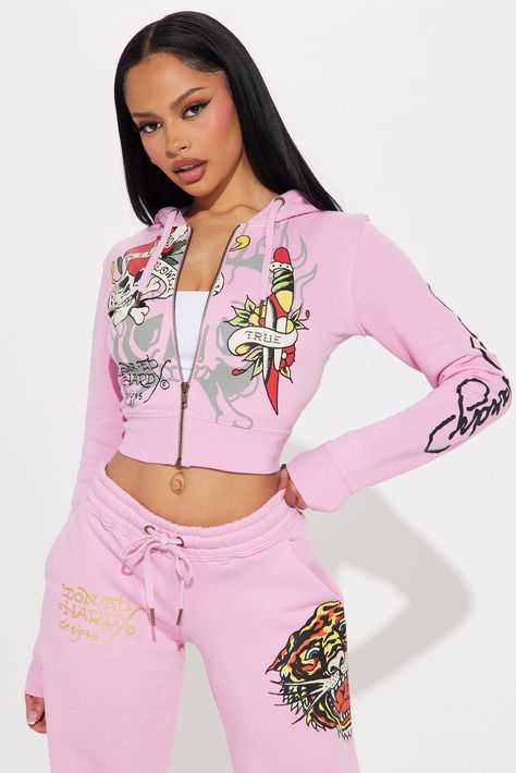 Available In Pink. Zip Front Hoodie Drawstrings Ed Hardy Graphic Front, Sleeve and Back Screen Stretch Pair To "Ed Hardy Tiger Roar Pant" Disclaimer: Due To The Specialized Screen Printing Process A Difference In Saturation May Occur. Each Garment Is Unique. 55% Cotton 45% Polyester Imported | Ed Hardy Tiger Roar Zip Up Hoodie in Pink size XL by Fashion Nova Early Y2k Fashion, Ed Hardy Outfit, Hoodies Design Ideas, Ed Hardy Tiger, Tiger Roar, Love Kills, Luxe Clothing, Trendy Hoodies, Free Bird