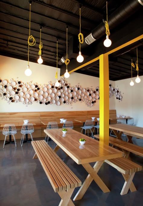 Completed in 2014 in Los Angeles, United States. Images by Undine Pröhl . Restaurateur Husband-and-wife team Michael and Kelly Kim wanted a space aligned with their mission to offer delicious, healthful cuisine inspired by... Small Restaurant Interior, Canteen Design, Cafe Bar Design, Small Restaurant Design, Handmade Wood Furniture, Small Restaurant, Small Restaurants, Design Café, Yellow Fever