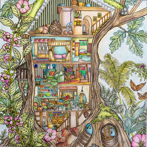 Tiny House Illustration Art, Tiny Worlds Coloring Book, Tiny Worlds Mat Edwards, Tiny Detailed Drawings, Tiny Worlds Coloring Pages, Fairy Home Drawing, Fairy World Drawing, Zombie House, Cottage Canvas Art