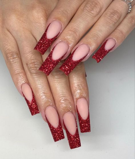 Red French Nails With Glitter, Medium Length Red Nails, Red Nails Medium, Red And Gold Nails Ideas, Sparkly Red French Tip Nails, Red Glitter Tips, Red Glitter French Tip, Red Glitter French Tip Nails, Red Baddie Nails