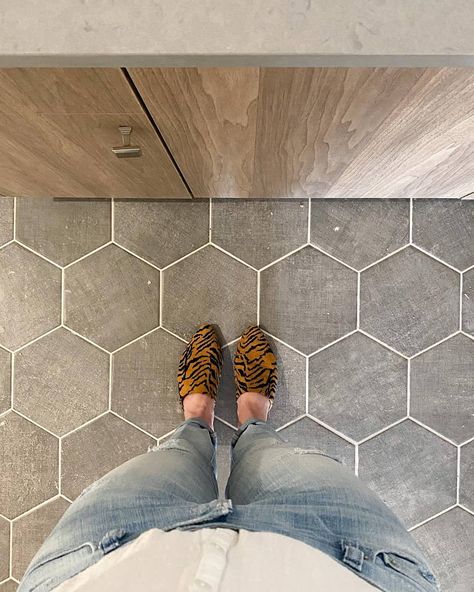 Hexagon Kitchen Floor, Hexagon Tile Kitchen Floor, Octagon Tile Floor, Laundry Room Tile Floor, Hexagon Tile Kitchen, Tile To Wood Transition, Hex Tile Floor, Room Tiles Floor, Octagon Tile