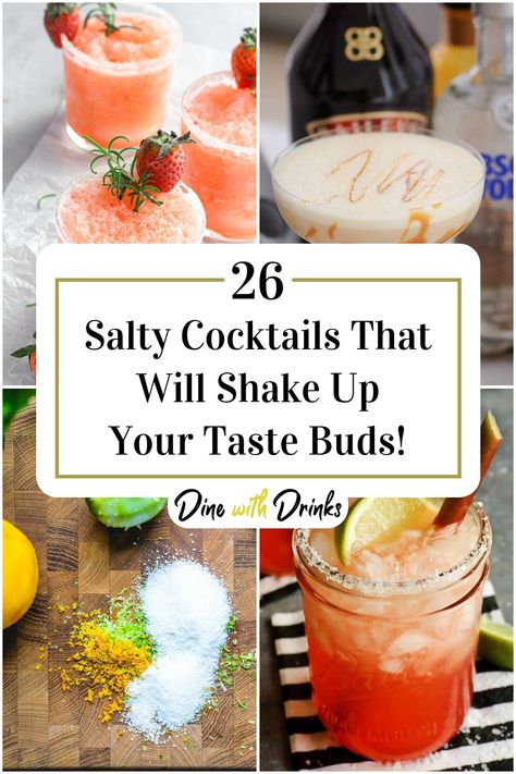 Collage of 4 salty cocktails. Salty Cocktails, Savory Drinks, Savory Cocktails, Pet Sanctuary, Salty Tart, Cocktail Look, Champagne Drinks, Cocktail Shots, Delicious Family Meals