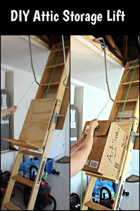 Diy Attic Storage, Attic Lift, Garage Attic, Garage Shelves, Lumber Storage, Diy Garage Door, Attic Stairs, Diy Garage Storage, Attic Storage