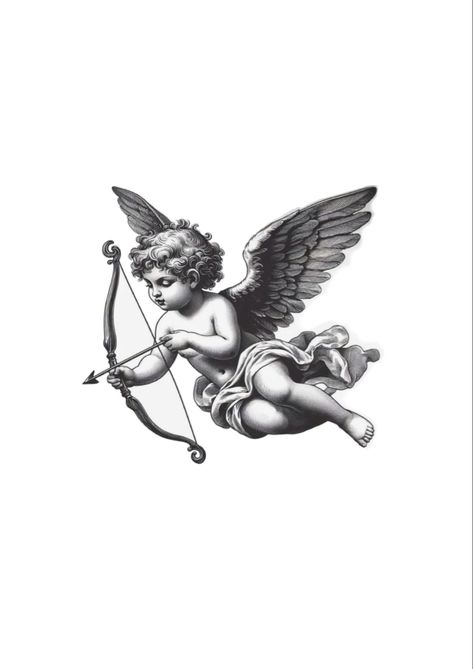 Cherub Tattoos For Guys, Cherub Arrow Tattoo, Cherub Bow And Arrow Tattoo, Angel Arrow Tattoo, Cupid Hand Tattoo, Guardian Angel Tattoo For Men Chest, Cherub Holding Flowers Tattoo, Black And Grey Angel Tattoos, Small Mythical Tattoos