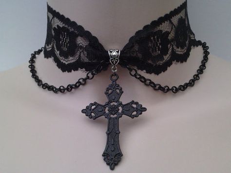 Xo Jewelry, Jewelry Cross, Lace Choker, Gothic Accessories, Goth Jewelry, Magical Jewelry, Charm Chain, Black Cross, Neck Jewellery