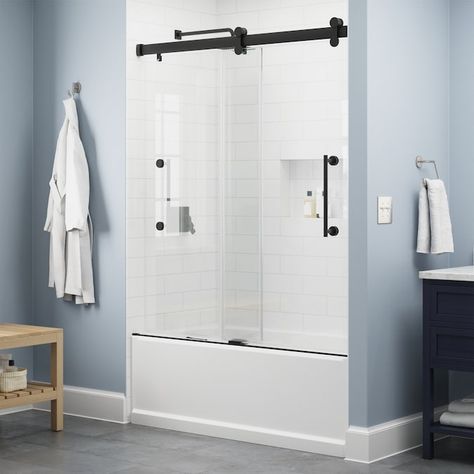 Delta Ashmore 54-in to 60-in W x 60.5118-in H Double Frameless Sliding Matte Black Alcove Bathtub Door (Clear Glass) in the Shower Doors department at Lowes.com Bathtub Enclosures, Glass Shower Panels, Frameless Sliding Shower Doors, Bathroom Upgrade, Frameless Shower Door, Bathtub Doors, Barn Door Designs, Modern Barn Door, Tub Doors