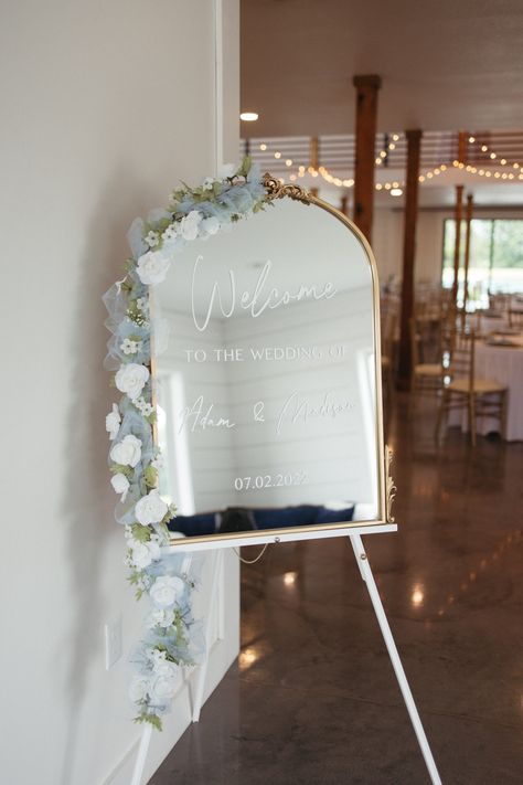 Vintage accents for this modern fairytale wedding like this arch mirror the bride wrote on for a wedding reception welcome sign. More details in the blog at Emerson Fields! Fairytale Wedding Welcome Sign, Wedding Mirror Decorating Ideas, Graduation Mirror Ideas, Mirror Graduation Sign, Welcome Board Wedding Mirror, Mirror Engagement Sign, Wedding Signage Mirror, Welcome Board Mirror, Mirror Welcome Board