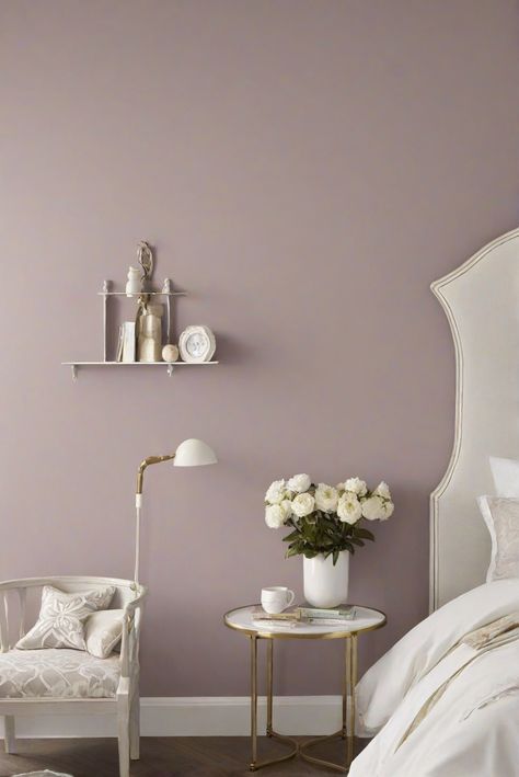 decorating interiors, interior bedroom design, designer wall paint, primer paint for walls Lilac Accent Wall Bedroom, Lavender Bedroom Walls Paint, Lilac Wall Paint Bedrooms, Bedroom Lilac Walls, Lilac Bedroom Walls, Lilac Feature Wall Bedroom, Room Paint Colors Bedroom, Calming Paint Colors, Lilac Bedroom