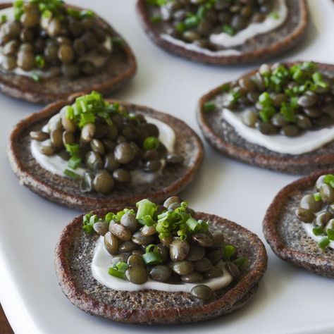 Beluga Lentil Caviar on Blini Blini Recipe, Best Lentil Recipes, Beluga Caviar, Stock Your Pantry, Vegan Sour Cream, Vegan Sauces, Lentil Recipes, Vegan Appetizers, Vegan Butter