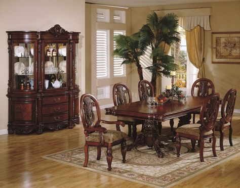 This furniture set can easily compliment several different interiors of any… Traditional Dining Room Furniture, Formal Dining Room Table, Traditional Dining Room Table, Double Pedestal Dining Table, Dining Room Furniture Sets, Table Dining Room, Set Meja Makan, Wood Dining Room, Traditional Dining