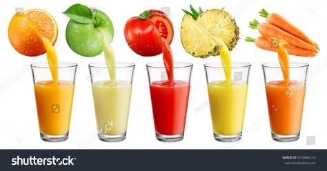 Fresh juice pours from fruit and vegetables into the glass isolated on white background.