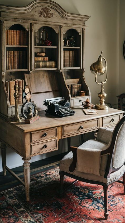 Antique Desk With Plants, Vintage Desk With Storage, Vintage Study Room Decor, Rug Under Office Chair, Old World Office Decor, Vintage Bookcase Aesthetic, Diy Vintage Desk, Room Inspo Antique, Rolltop Desk Decor