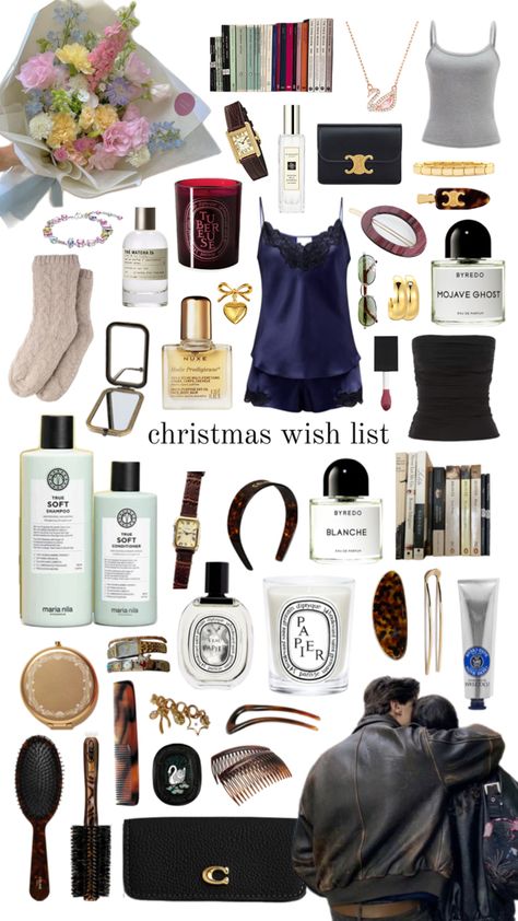 Christmas gift ideas, Diptyque, perfume, classy, old money, hair accessories, tortoiseshell, Christmas, collage Old Money Christmas, Old Money Hair, Money Hair, My Christmas Wishlist, Classy Old Money, Diptyque Perfume, Boujee Aesthetic, Inside My Bag, Christmas Collage