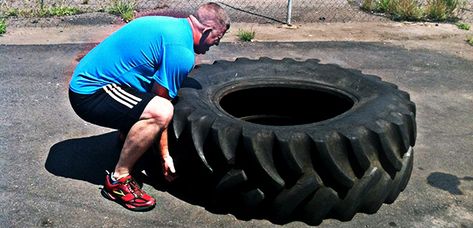 Man performs a Tire Flip during a standard tire workout. Tire Flipping Workout, Rocky Workout, Tire Exercises, Tire Workout, Workout Towel, Crossfit Equipment, Strength And Conditioning, Tractor Tire, Cardio Workout At Home