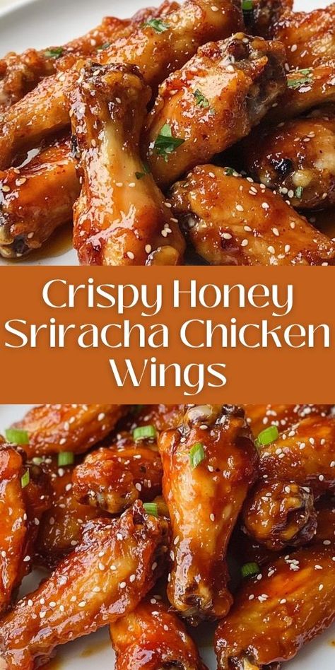 These Crispy Honey Sriracha Chicken Wings are the ultimate game day snack! 🍯🔥 Coated in a sweet and spicy honey-Sriracha sauce, these wings are crispy on the outside and juicy on the inside. Perfect for parties, gatherings, or a simple indulgent meal at home. Make them in the oven or air fryer for extra crispiness! 👉 Pin now and get ready to make these irresistible wings! #HoneySrirachaWings #ChickenWings #GameDayFood #SpicyRecipes #Appetizers #FingerFood #AirFryer Siracha Chicken Wings, Honey Siracha Chicken, Sweet Chicken Wings, Honey Sriracha Chicken Wings, Spicy Chicken Wings Recipe, Sriracha Chicken Wings, Spicy Honey Chicken, Honey Chicken Wings, Honey Sriracha Chicken