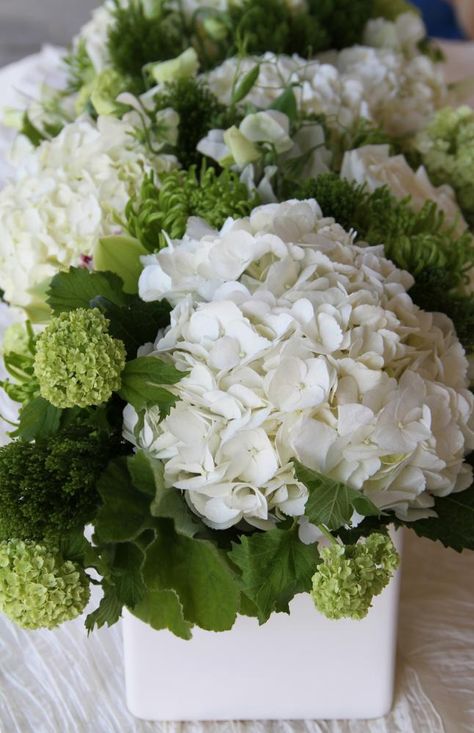 Simply green and white reception wedding flowers, wedding decor, wedding flower centerpiece, wedding flower arrangement. White And Green Flowers, Green And White Flowers, White Weddings Reception, Wedding Flower Girl Basket, White Hydrangeas, Beautiful Wedding Flowers, White Wedding Flowers, Flower Centerpieces Wedding, Flower Girl Basket