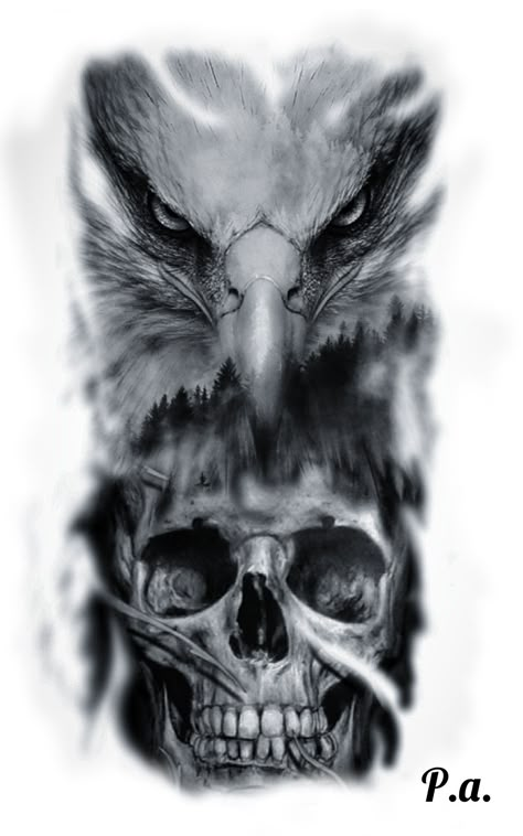 Eagle Skull Drawing, Forearm Animal Tattoo, Eagle With Skull Tattoo, Eagle And Skull Tattoo, Men’s Shoulder Tattoo Ideas, Eagle Skull Tattoo, Pegasus Tattoos, Tattoo Design Sketches, Bow Hunting Tattoos