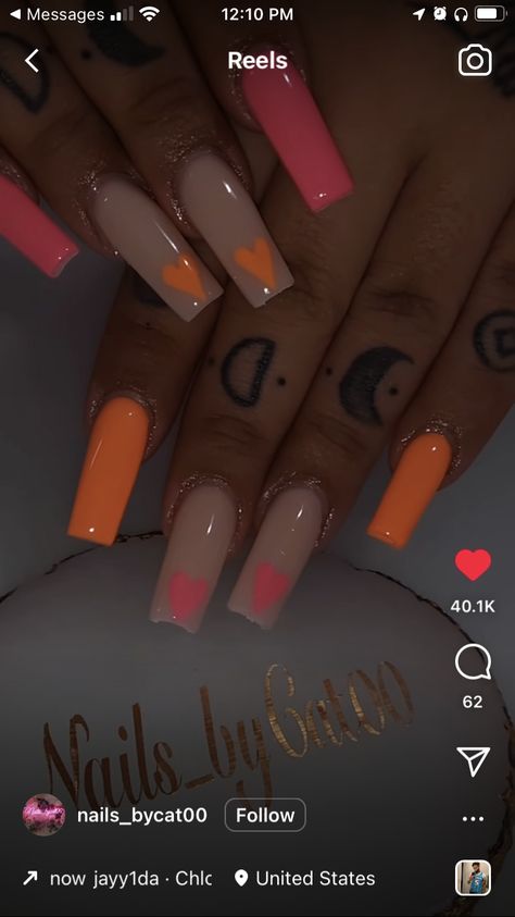 Short Nails With A Heart, Orange Short Nails, Nails With A Heart, Pink And Orange Nail, Orange Nail Design, Pink Heart Nails, Orange Nail Designs, Orange Nail, Nail Design Ideas