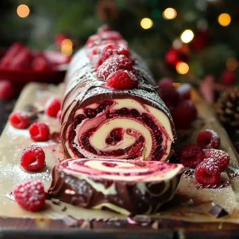 Raspberry Chocolate Yule Log Recipe Yule Baking Recipes, Chocolate Yule Log Recipe, Yule Log Recipe, Christmas Yule Log, Chocolate Yule Log, Raspberry Chocolate, Festive Desserts, Food Log, Yule Log