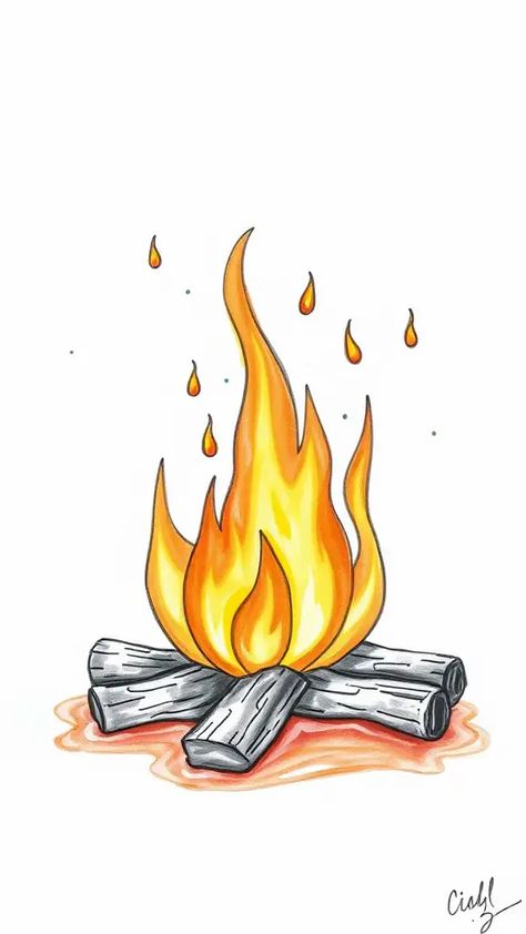 Check Out This Cute Fire Drawing & 12+ Other Fire Drawing Ideas! #drawinginspiration #drawingideas Fire Embers Drawing, Fire Drawing Reference, Fire Art Drawing, Fire Drawing Ideas, Fire Pit Drawing, Drawing Fire, Drawing Flames, Fly Drawing, Fire Drawing