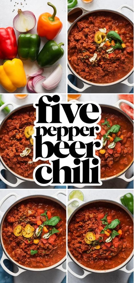 A photo of Five Pepper Beer Chili Recipe Chili Pepper Madness Recipes, Beer Chili Recipe, Banh Mi Burger, Quick Pickled Vegetables, Beer Chili, Pickled Vegetables Recipe, Honey Butter Recipe, Grilled Bbq Chicken, Bbq Chicken Recipes