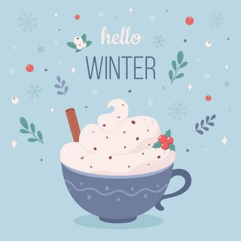 Hello Winter Illustration, Winter Coffee Wallpaper, Winter Design Graphic, Winter Logo, Cinnamon Christmas, Hello Christmas, Coffee Cup Art, Beach Illustration, Winter Coffee