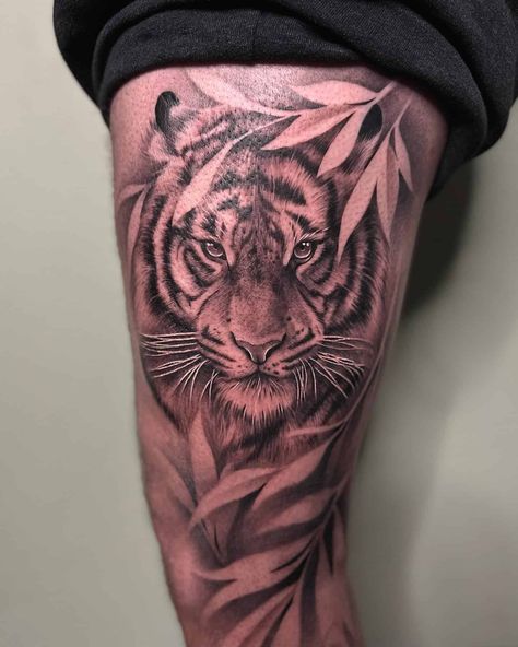 Shaded Tiger Tattoo, Tattoo Designs Men Tiger, Tiger Tattoo Designs Men Arm, Tiger Tatoos Men Art Designs, Tiger Sleeve Tattoo, Tiger And Mandala Tattoo, Tattoo Tiger, Arm Tattoos Tiger, Realism Tiger Tattoo