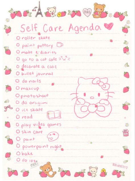 Journaling Ideas 2023, Self Care Checklist Hello Kitty, Hello Kitty Date Ideas, Journal Ideas Sanrio, Pink Journal Ideas Aesthetic, Hello Kitty Checklist, Cute Pink Journal Ideas, Sanrio Journal Page, Sanrio Journal Ideas