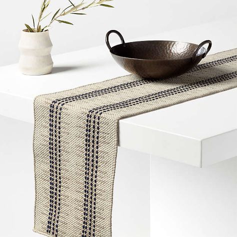 Adelphi 90" Striped Woven Table Runner | Crate and Barrel Crate And Barrel Table, Kitchen Table Runner, Farmhouse Table Runner, Woven Table Runner, Modern Table Runners, Modern Farmhouse Table, Dining Table Runners, Farmhouse Kitchen Tables, Organic Decor