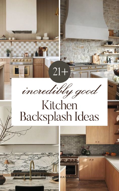 On the hunt for beautiful, modern kitchen backsplash ideas? We're had our finger on the pulse of 2024 kitchen backsplash trends, and we are OBSESSING over these new these insanely pretty kitchen counter and backsplash ideas that we're sharing today. From beautiful stone backsplash kitchen inspirations to tile backsplash ideas and beyond - these gorgeous kitchens are a must-see for any kitchen remodel or kitchen reno! (with ideas for white cabinets and dark cabinets) Backsplash With Greige Cabinets, Kitchen Backsplash Unique, Stone Backsplash In Kitchen, Classic Backsplash Kitchen, Brown Backsplash Kitchen, Subway Tile Backsplash Patterns, Large Tile Backsplash Kitchen, Kitchen Counter And Backsplash Ideas, Counter And Backsplash Ideas