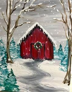 Christmas Drawing Scenery, Winter Themed Paintings On Canvas, Easy Winter Pictures To Paint, Rustic Christmas Painting, Posca Christmas Art, Winter Scene Paintings Easy, Winter Acrylic Painting Ideas, Christmas Barn Painting, Christmas Painting Ideas On Canvas Easy