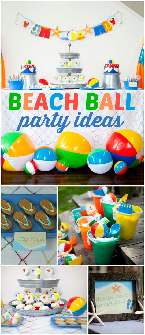 Lots of colorful beach balls are at this fun party! See more party ideas at CatchMyParty.com! Summer Birthday Dessert Ideas, Pool Party Dessert Table, Splash Bash Birthday Party, Second Birthday Beach Theme, Beach Ball Fruit Tray, Beach Balls, Beach Ball Cookies, 2nd Birthday Party Beach Theme, Ball Party