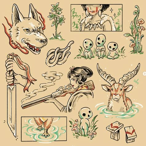 Princess Mononoke Flash Tattoo, Princes Mononoke Tattoos, Studio Ghibli Tattoo Ideas Princess Mononoke, Hayo Miyazaki Tattoo, Ghibli Flash Sheet, Studio Ghibli Tattoos Color, Princess Mononoke Tree Spirits Tattoo, Studio Ghibli Tattoo Sleeve Leg, Studio Ghibli American Traditional Tattoo