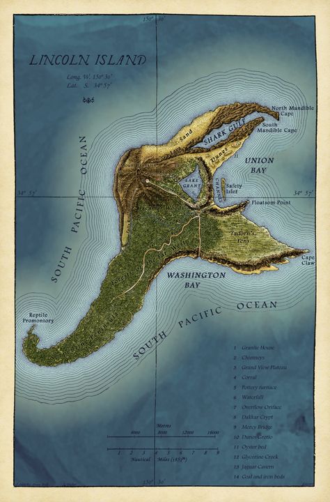 All sizes | Map of Lincoln Island (Jules Verne's "the Mysterious Island") | Flickr - Photo Sharing! Outset Island, Nautilus Submarine, Mysterious Island, The Mysterious Island, Imaginary Maps, Leagues Under The Sea, Hermann Hesse, Rpg Map, Island Map