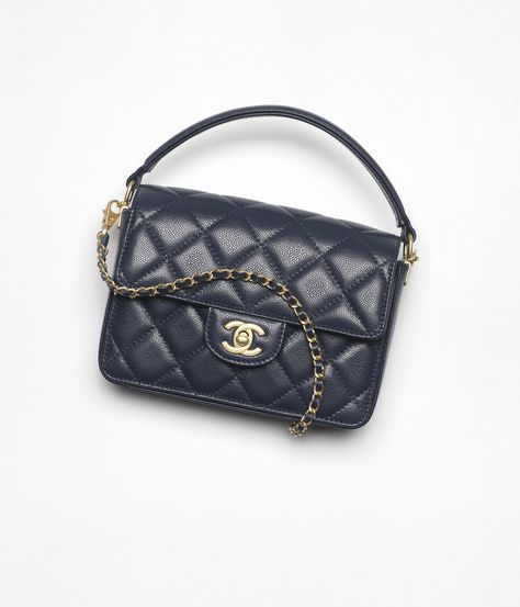 Mini flap bag with top handle, Grained shiny calfskin & gold-tone metal, navy blue — Fashion | CHANEL Blue Bag Outfit, Navy Blue Fashion, Chanel Mini Bag, Chanel Official Website, Pretty Bags, Boot Bag, Flap Bag, Blue Bags, Fun Bags