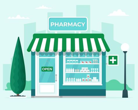 Pharmacy store front on city background. Commercial, property medicine building. Vector illustration in flat style Pharmacy Illustration Art, Pharmacy Store Front Design, Pharmacy Drawing, Pharmacy Illustration, Pharmacy Aesthetic, Small Store Design, Aesthetic Frames, Mushroom Blue, Blue Meanie