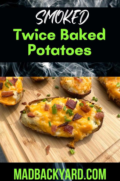 Smoked Twice Baked Potatoes, Baked Potatoes On The Smoker, Charcoal Smoker Recipes, Pit Boss Pellet Grill Recipes, Smoked Baked Potatoes, Smoker Recipes Electric, Pellet Smoker Recipes, Smoked Potatoes, Grilled Side Dishes