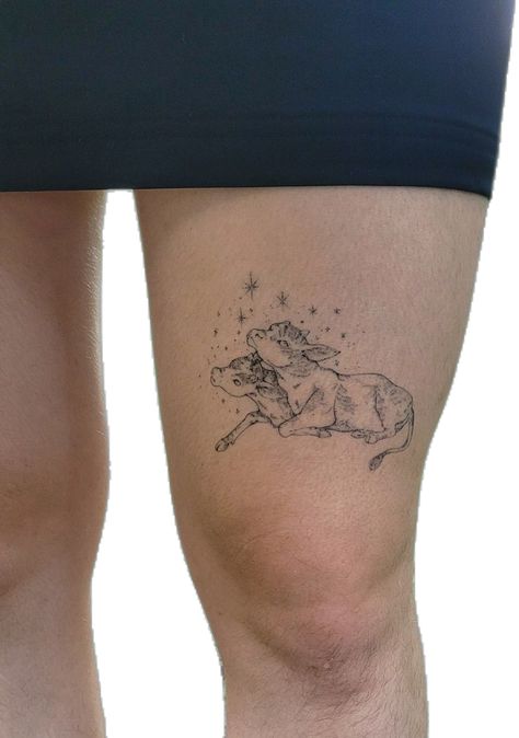 Double Headed Calf Tattoo, 2 Headed Calf Tattoo, Two Headed Calf Tattoo, Two Headed Calf, Woodcut Tattoo, Calf Tattoo, Beautiful Body, Little Tattoos, Minimal Tattoo