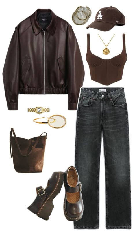 #style #streetwear #streetstyle #streetwearfashion #fashionblogger #fashionstyle #ootd outfitinspo outfitideas #fashioninspo #fitspo #inspiration grwm autumn fall winter trends 2024 2025 collage warm clothes baggy jeans hobo bag loafers la cap Black Jeans Brown Leather Jacket Outfit, Brown Beige Black Outfit, Brown Cap Outfits For Women, Outfits With Brown Loafers, Brown Jeans Outfit Winter, Brown Leather Jacket Outfits Women, Brown Streetwear Outfit, 2025 Collage, Clothes Baggy Jeans