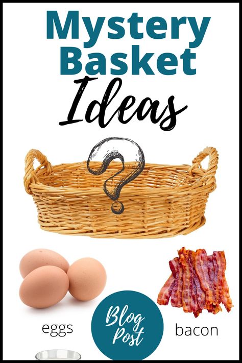 This is a blog post with ideas for Chopped Mystery Basket ingredients! Great for middle school and high school students or anyone that wants to have fun with cooking in the classroom or homeschool cooking! It includes ingredient ideas for mystery baskets as well as downloads for mystery basket lesson plans. Great for FCS, Culinary Arts, Home Ec, Homeschool, and cooking with kids! Chopped Mystery Basket Ideas, Middle School Cooking Recipes, Chopped At Home Basket Ideas, Chopped Dessert Basket Ideas, Chopped Basket Ideas, Chopped Jr Basket Ideas, Cooking Competition Ideas, Cooking Lesson Plans, Homeschool Cooking