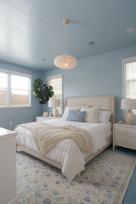 Bedroom Lighting Ideas Ceiling Small Rooms, House Bedroom Aesthetic, Dresser Window, Bedroom Inspirations Blue, Lake House Decorating, Aesthetic Lake House, Lake House Ideas, Blue And Cream Bedroom, Lake House Art