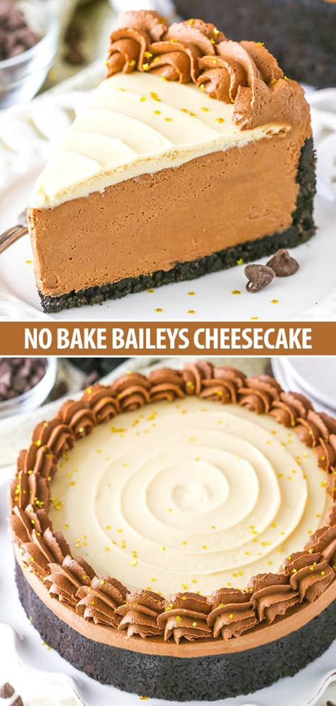 This No Bake Baileys Cheesecake is thick, creamy and FULL of Baileys flavor! It's made with an Oreo crust, melted chocolate and ALL the Baileys Irish Cream! #cheesecake #chocolate No Bake Baileys Cheesecake, Baileys Chocolate Cheesecake, Easy Chocolate Cheesecake, Baileys Dessert, Chocolate Cheesecake Recipe, Baileys Cheesecake, Chocolate Baileys, Chocolate Cheesecake Recipes, Oreo Crust