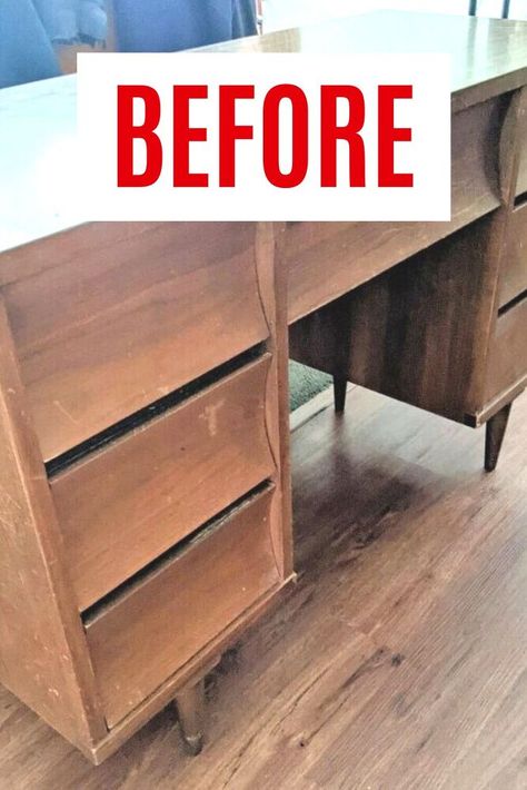 We can't believe the before and after of this mid century modern desk upcycle. Check out this furniture flip makeover perfect for decorating a bedroom on a budget. Mid Century Modern Desk Makeover, Mcm Desk Makeover, Diy Mcm Desk, Mid Century Painted Desk, Refinished Desk Ideas, Painted Mcm Desk, Refinished Mid Century Desk, Old Desk Makeover Diy, Update Old Dresser Mid Century