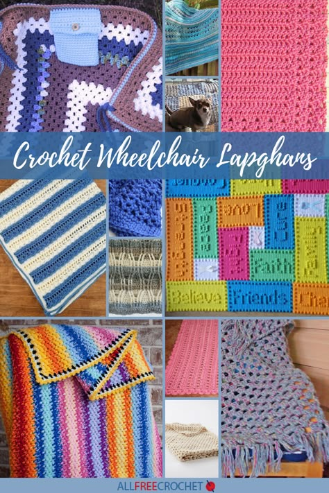 Make a thoughtful gift for someone in a wheelchair with these free crochet lapghan patterns. Crochet Wheelchair Blanket, Wheelchair Crochet Accessories, Lapghan Crochet Patterns Free Easy, Crochet Wheelchair Lap Blanket Patterns Free, Circular Crochet Blanket For A Wheelchair User, Crochet Lap Blanket Patterns Free, Wheelchair Bags Pattern Free Crochet, Wheelchair Crochet Lapghan, Afghans Crochet